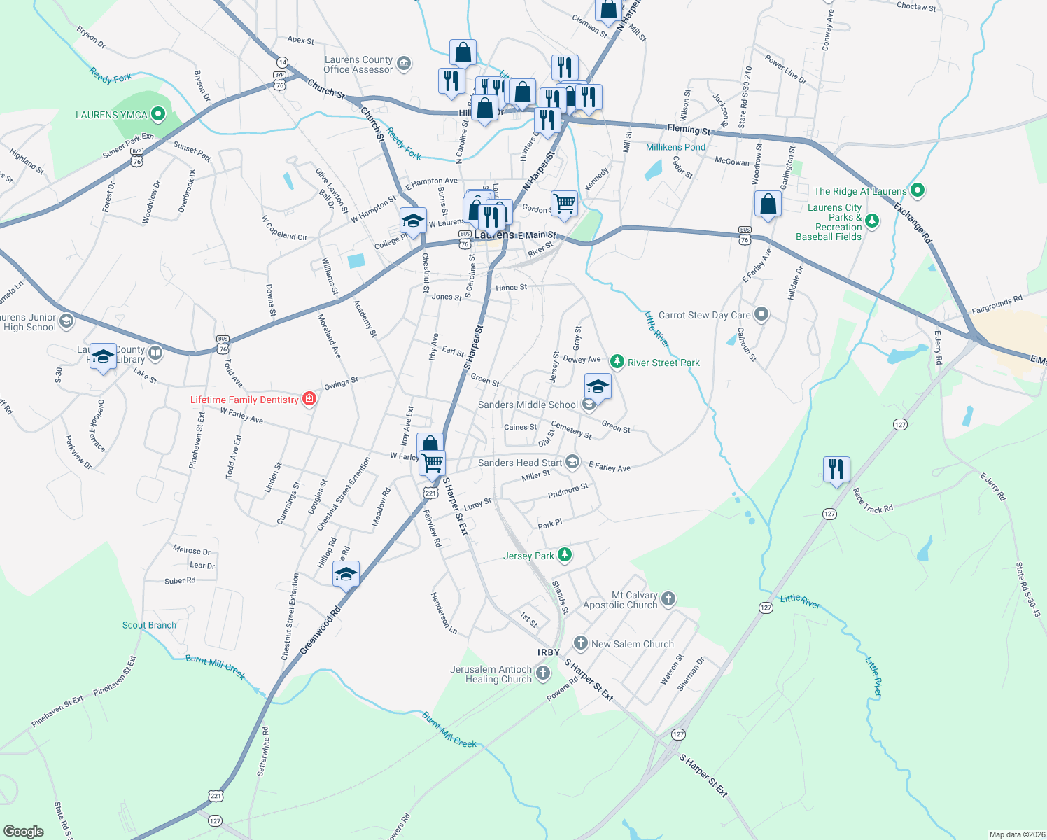 map of restaurants, bars, coffee shops, grocery stores, and more near 137 Cemetery Street in Laurens