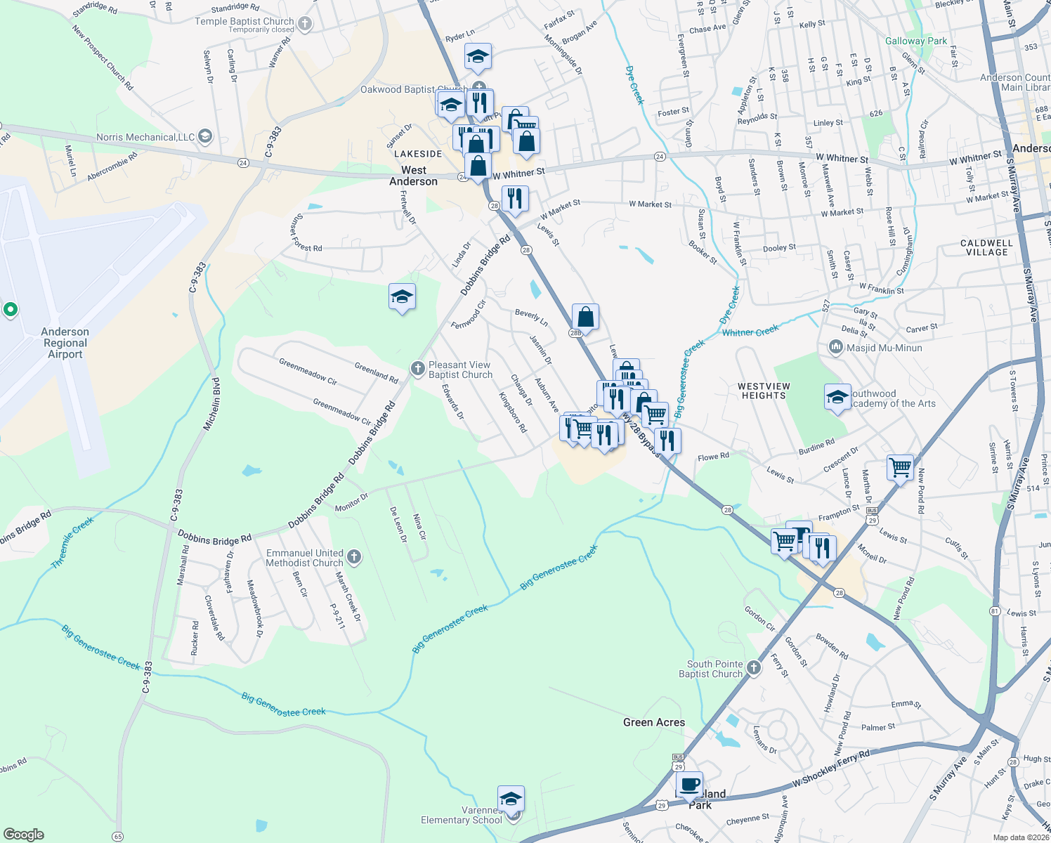 map of restaurants, bars, coffee shops, grocery stores, and more near 313 Kingsboro Road in Anderson