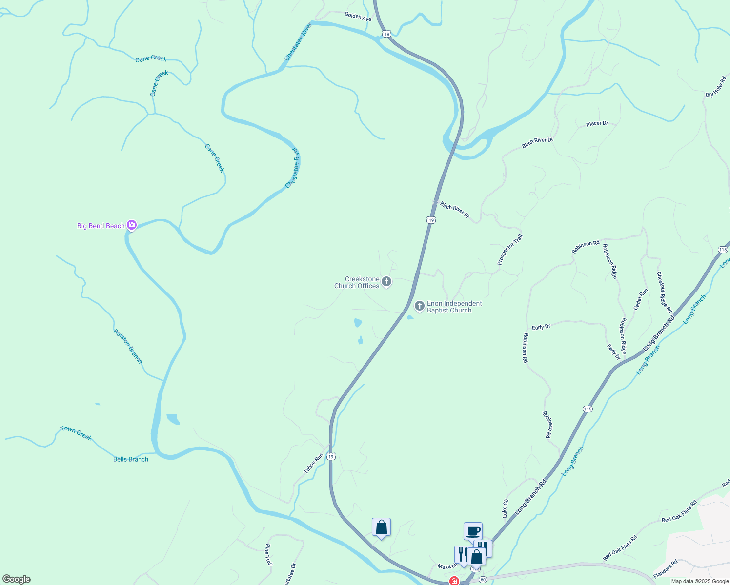 map of restaurants, bars, coffee shops, grocery stores, and more near Calhoun Mine Road in Dahlonega