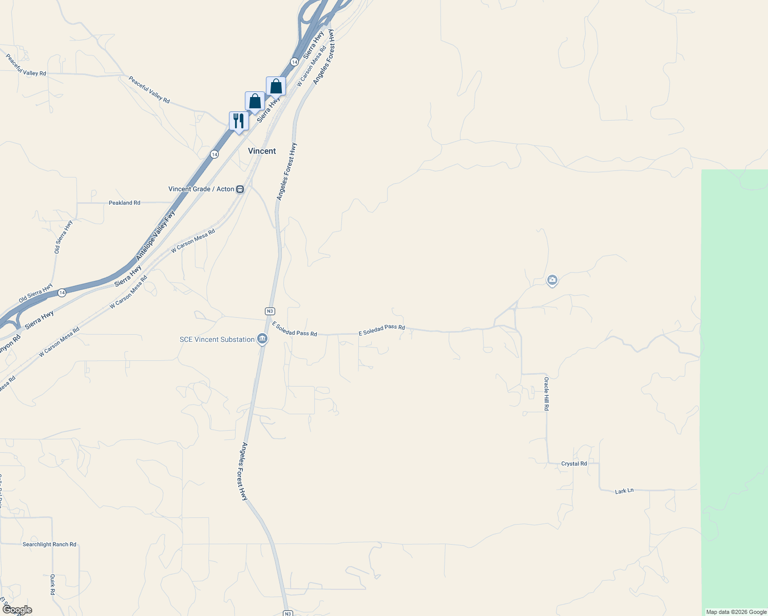 map of restaurants, bars, coffee shops, grocery stores, and more near 701 East Soledad Pass Road in Palmdale