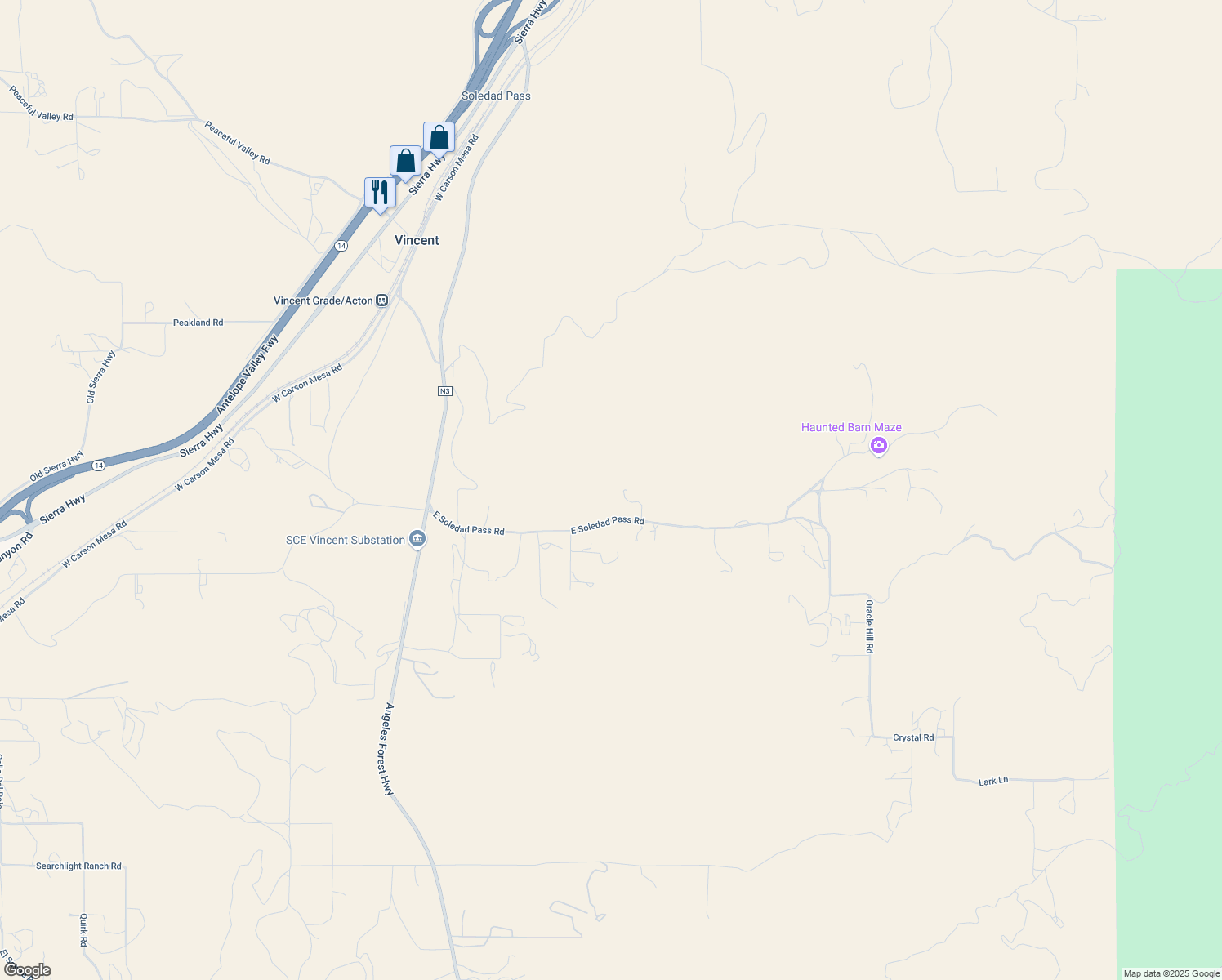 map of restaurants, bars, coffee shops, grocery stores, and more near 701 East Soledad Pass Road in Palmdale