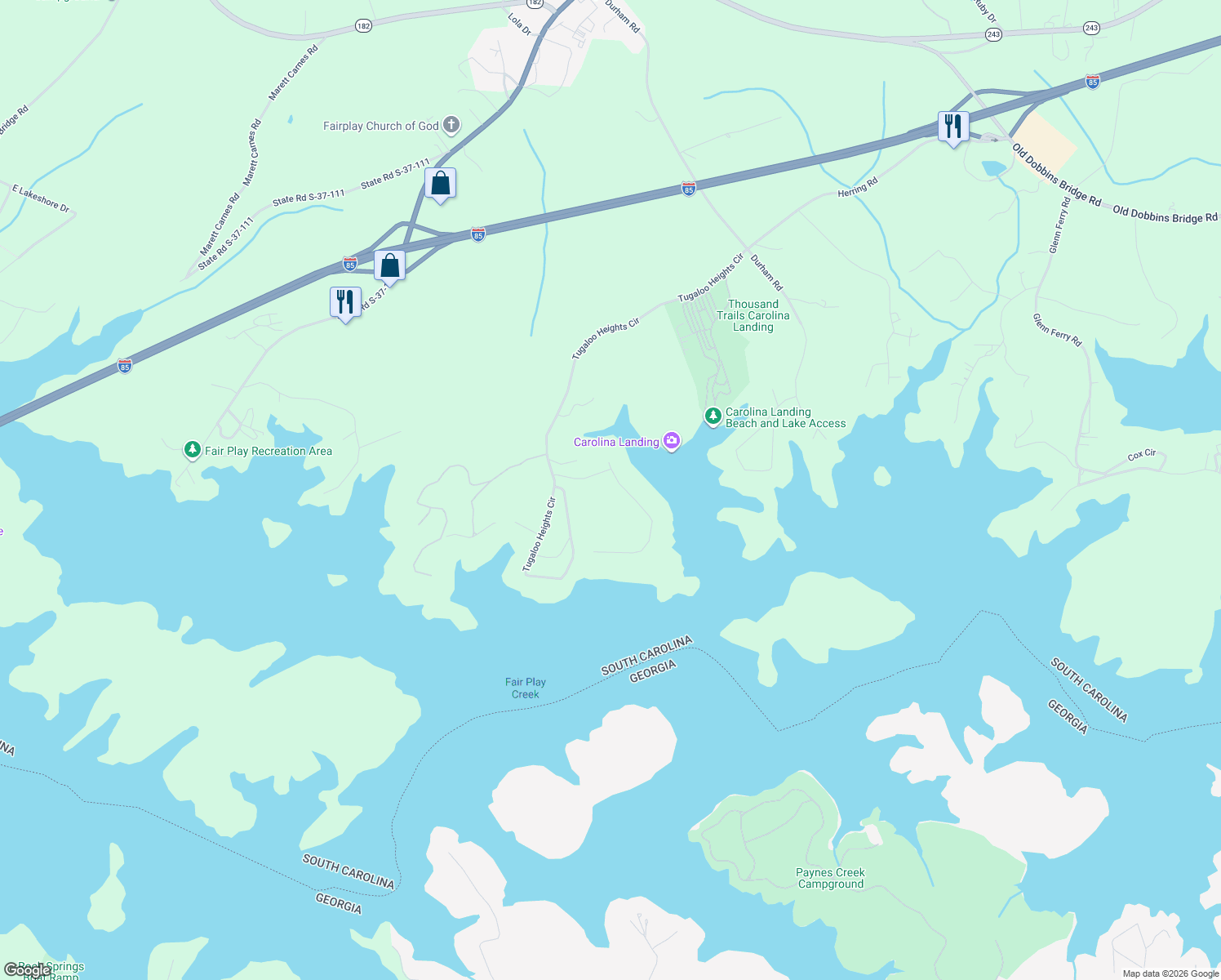 map of restaurants, bars, coffee shops, grocery stores, and more near 206 Riverlake Road in Fair Play
