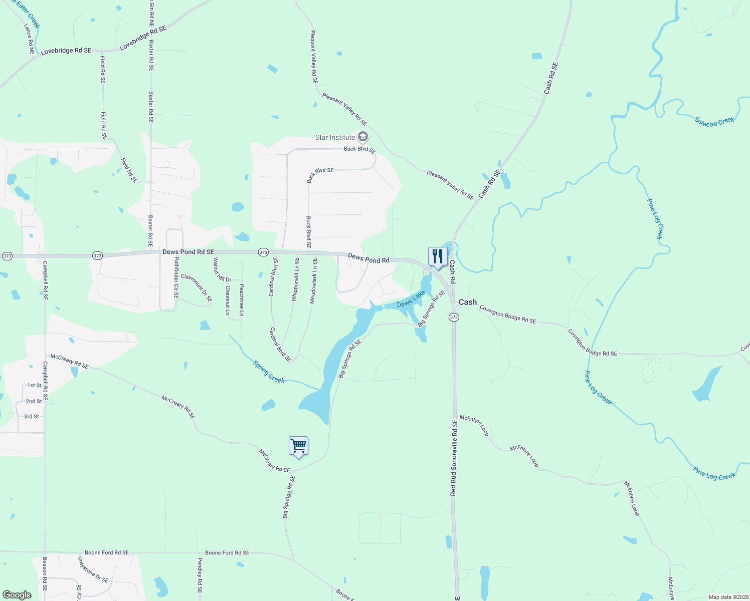 map of restaurants, bars, coffee shops, grocery stores, and more near 133 Cardinal Drive Northeast in Calhoun