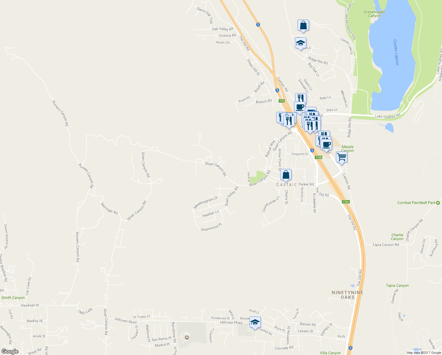 map of restaurants, bars, coffee shops, grocery stores, and more near 28456 Sloan Canyon Road in Castaic