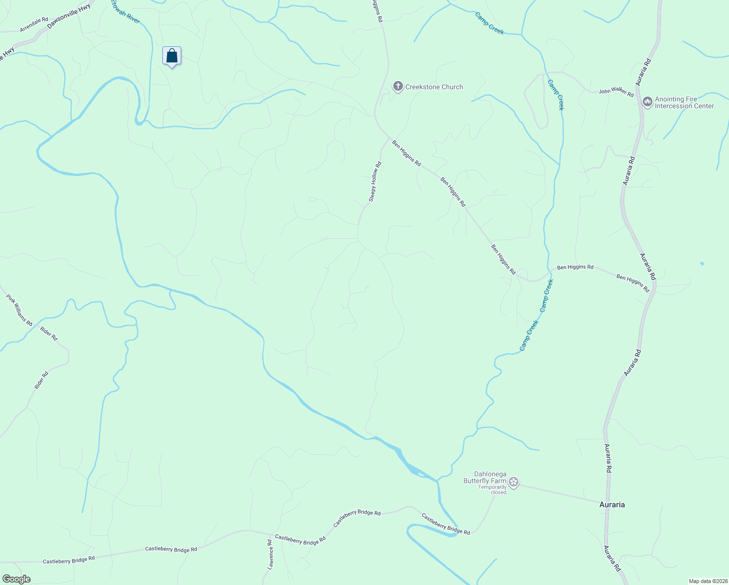 map of restaurants, bars, coffee shops, grocery stores, and more near 255 Silas Road in Dahlonega