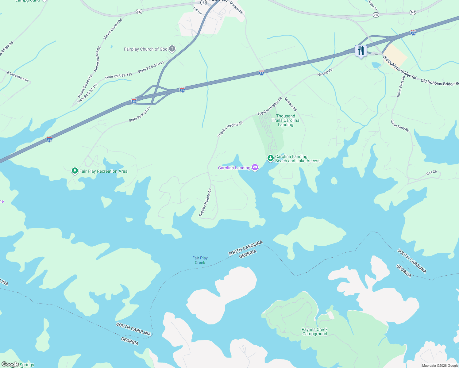 map of restaurants, bars, coffee shops, grocery stores, and more near 206 Riverlake Road in Fair Play