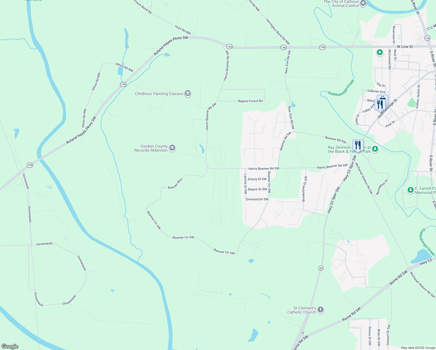 map of restaurants, bars, coffee shops, grocery stores, and more near 132 Village Way SW in Calhoun