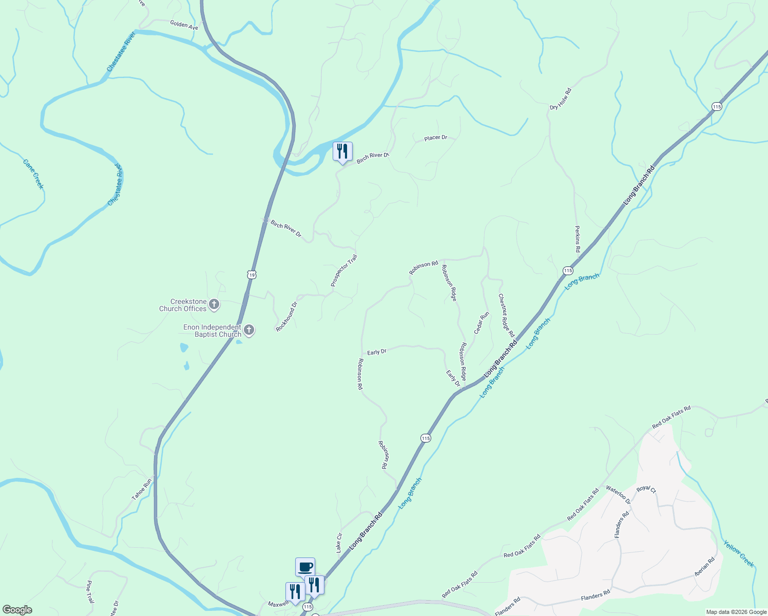 map of restaurants, bars, coffee shops, grocery stores, and more near 902 Robinson Road in Dahlonega