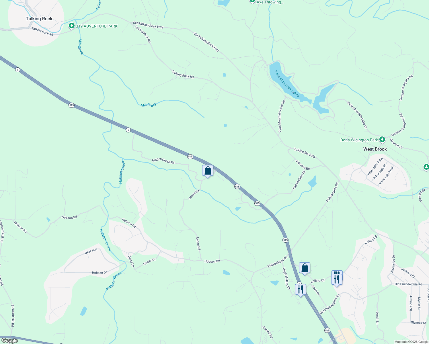 map of restaurants, bars, coffee shops, grocery stores, and more near Georgia 515 in Talking Rock