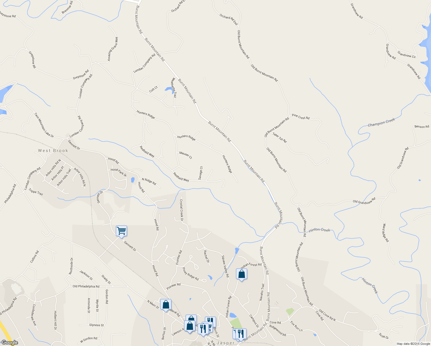 map of restaurants, bars, coffee shops, grocery stores, and more near 102 Springfield Court in Jasper