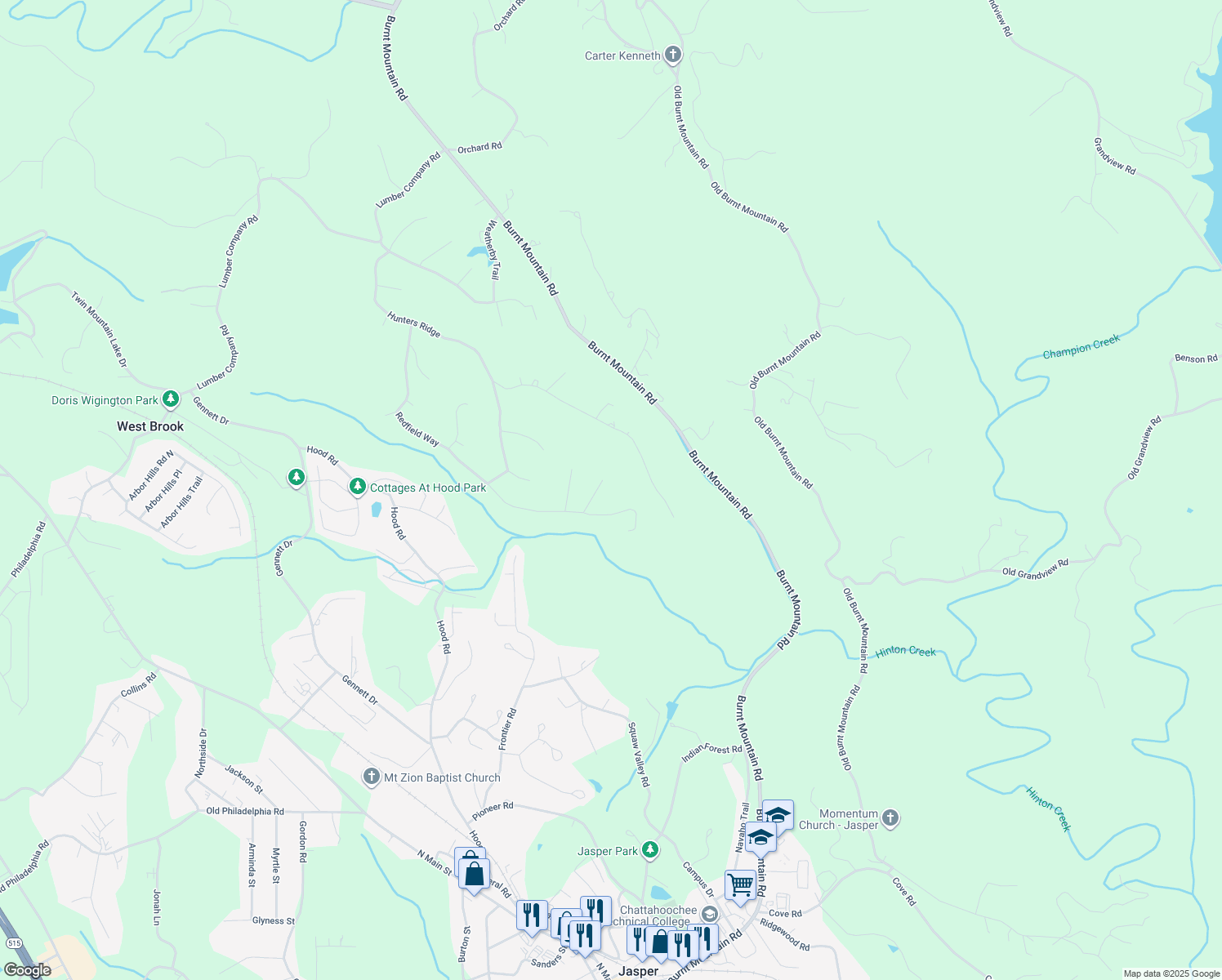 map of restaurants, bars, coffee shops, grocery stores, and more near 102 Springfield Court in Jasper