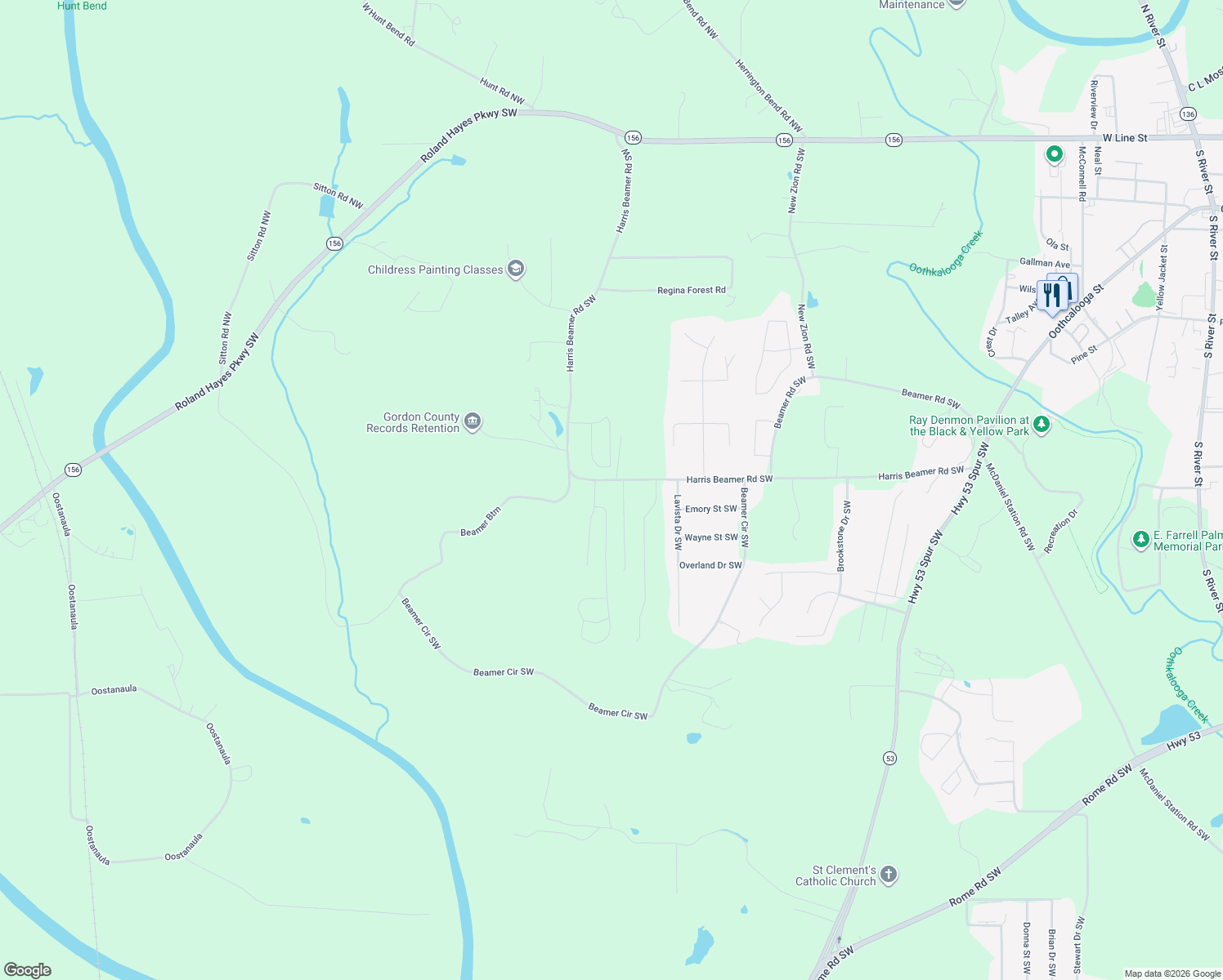 map of restaurants, bars, coffee shops, grocery stores, and more near 682 Harris Beamer Rd SW in Calhoun