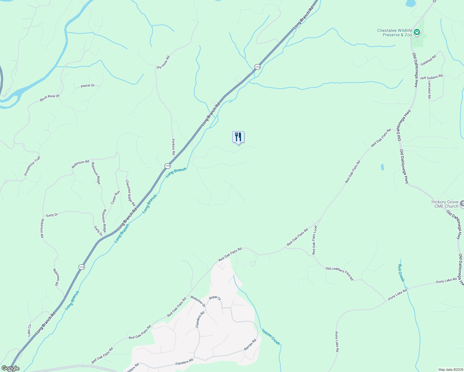 map of restaurants, bars, coffee shops, grocery stores, and more near 25 Buckeye Ridge East in Dahlonega