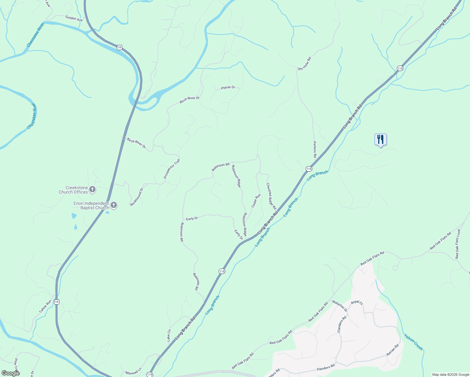 map of restaurants, bars, coffee shops, grocery stores, and more near 435 Robinson Ridge in Dahlonega