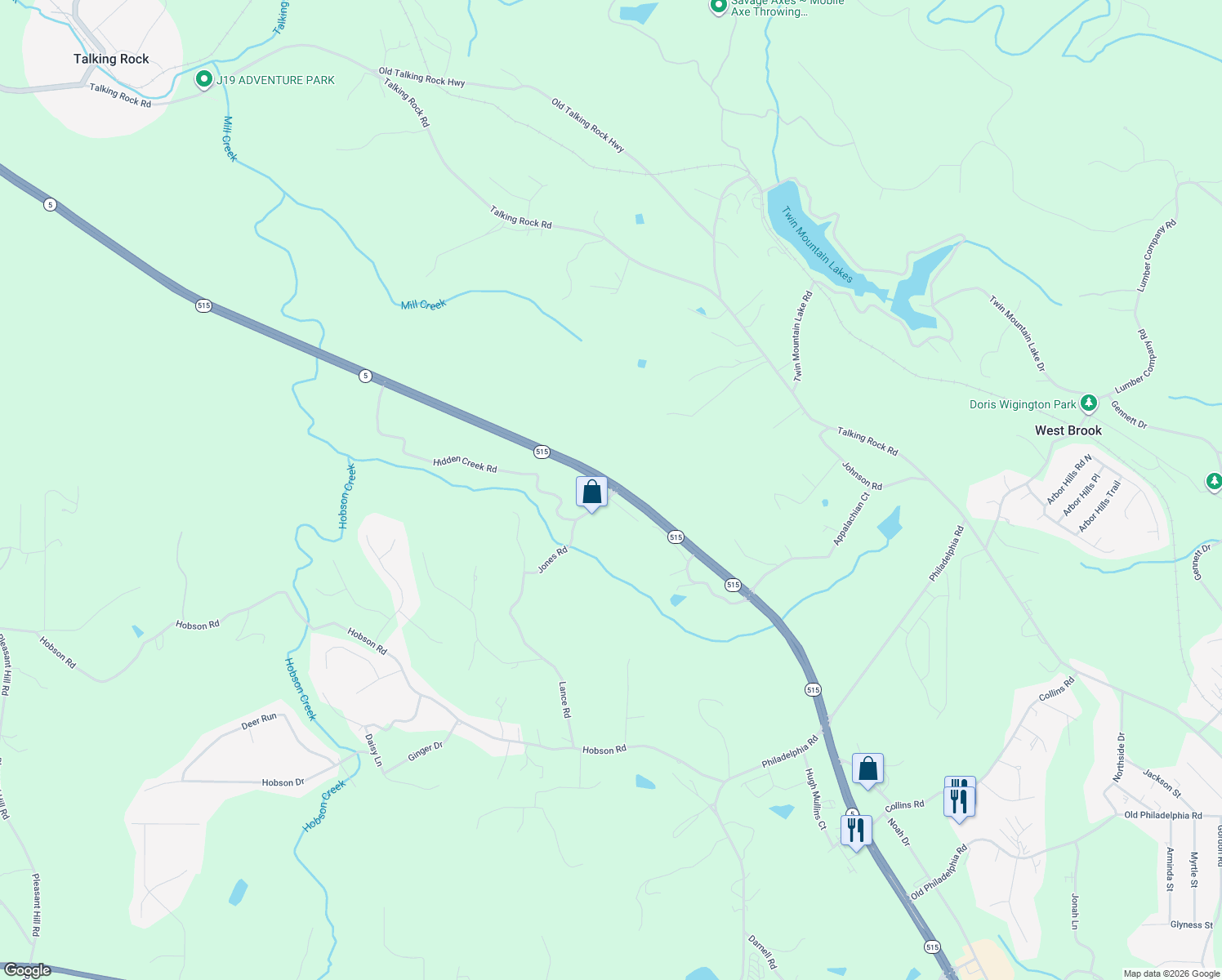 map of restaurants, bars, coffee shops, grocery stores, and more near Georgia 515 in Talking Rock