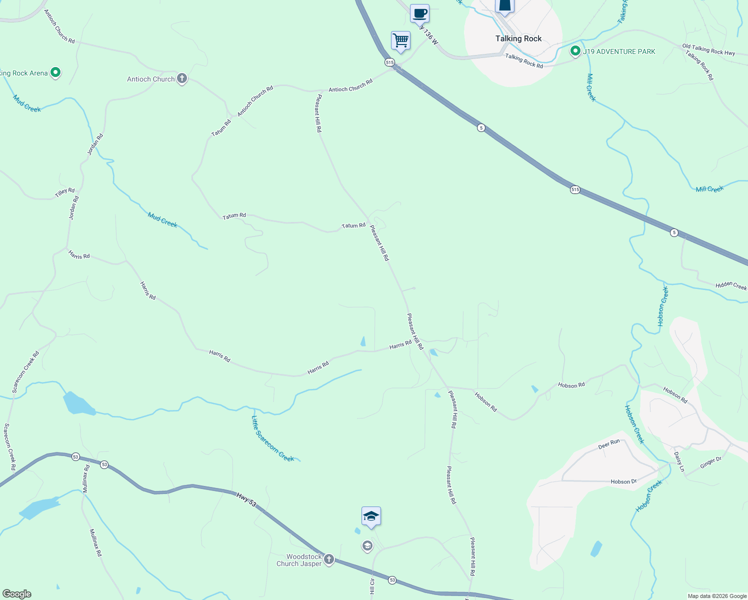 map of restaurants, bars, coffee shops, grocery stores, and more near 196 White Tail Ridge Road in Jasper