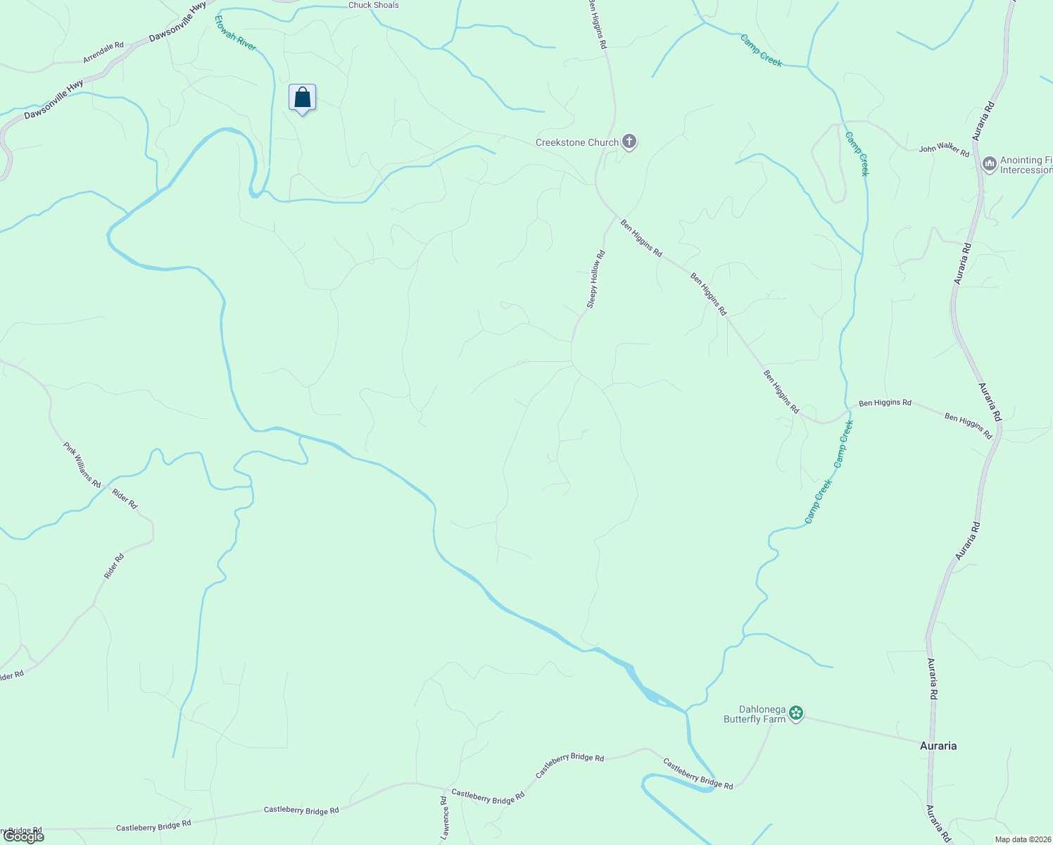 map of restaurants, bars, coffee shops, grocery stores, and more near 193 Cedar Springs Lane in Dahlonega