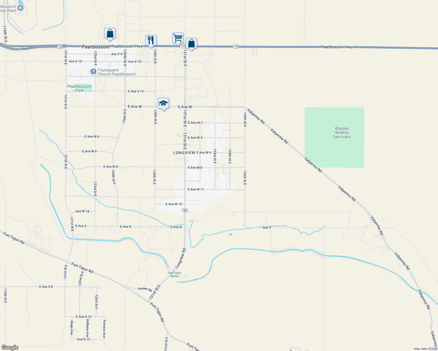 map of restaurants, bars, coffee shops, grocery stores, and more near 33128 133rd Street East in Pearblossom