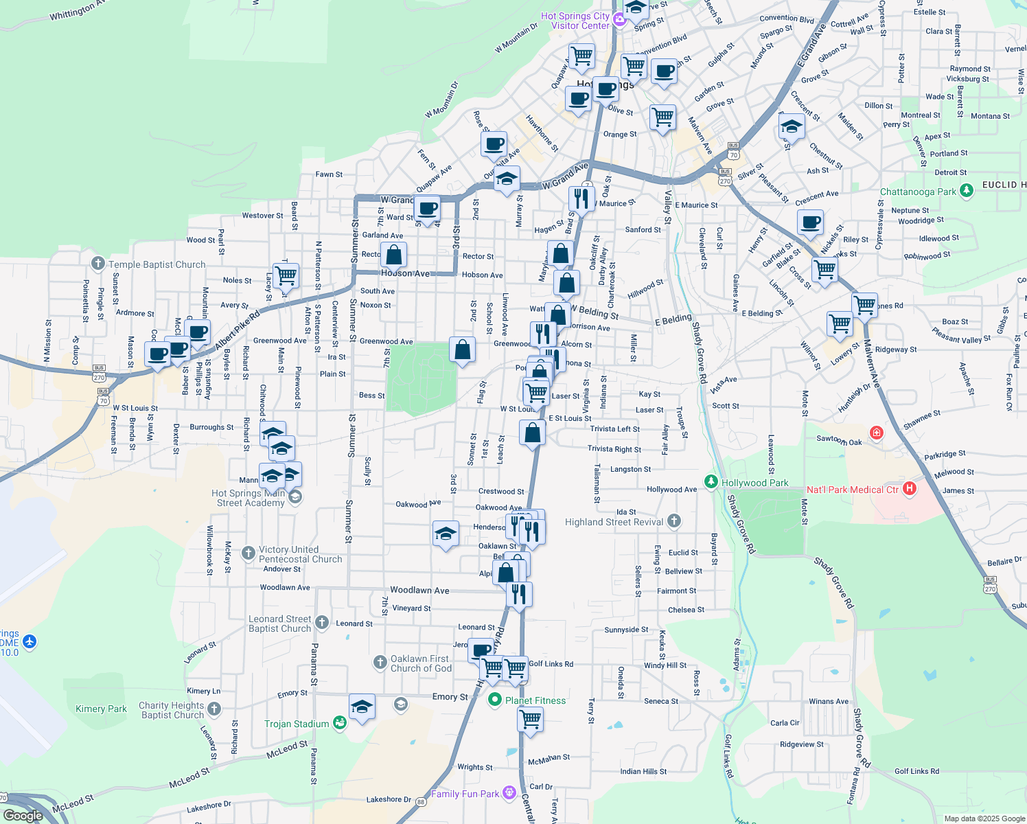 map of restaurants, bars, coffee shops, grocery stores, and more near 207 West Saint Louis in Hot Springs