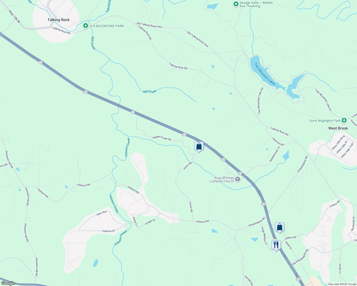 map of restaurants, bars, coffee shops, grocery stores, and more near 423 Hidden Creek Road in Jasper