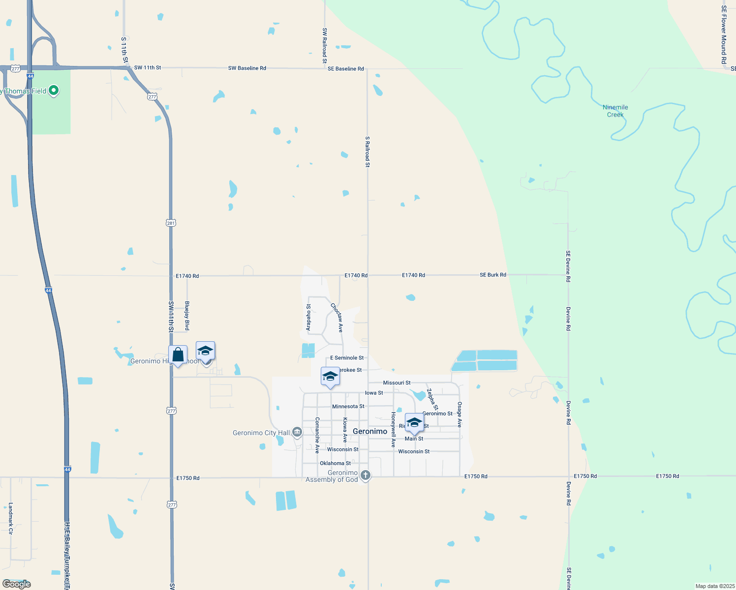 map of restaurants, bars, coffee shops, grocery stores, and more near 11901 N2580 Road in Geronimo