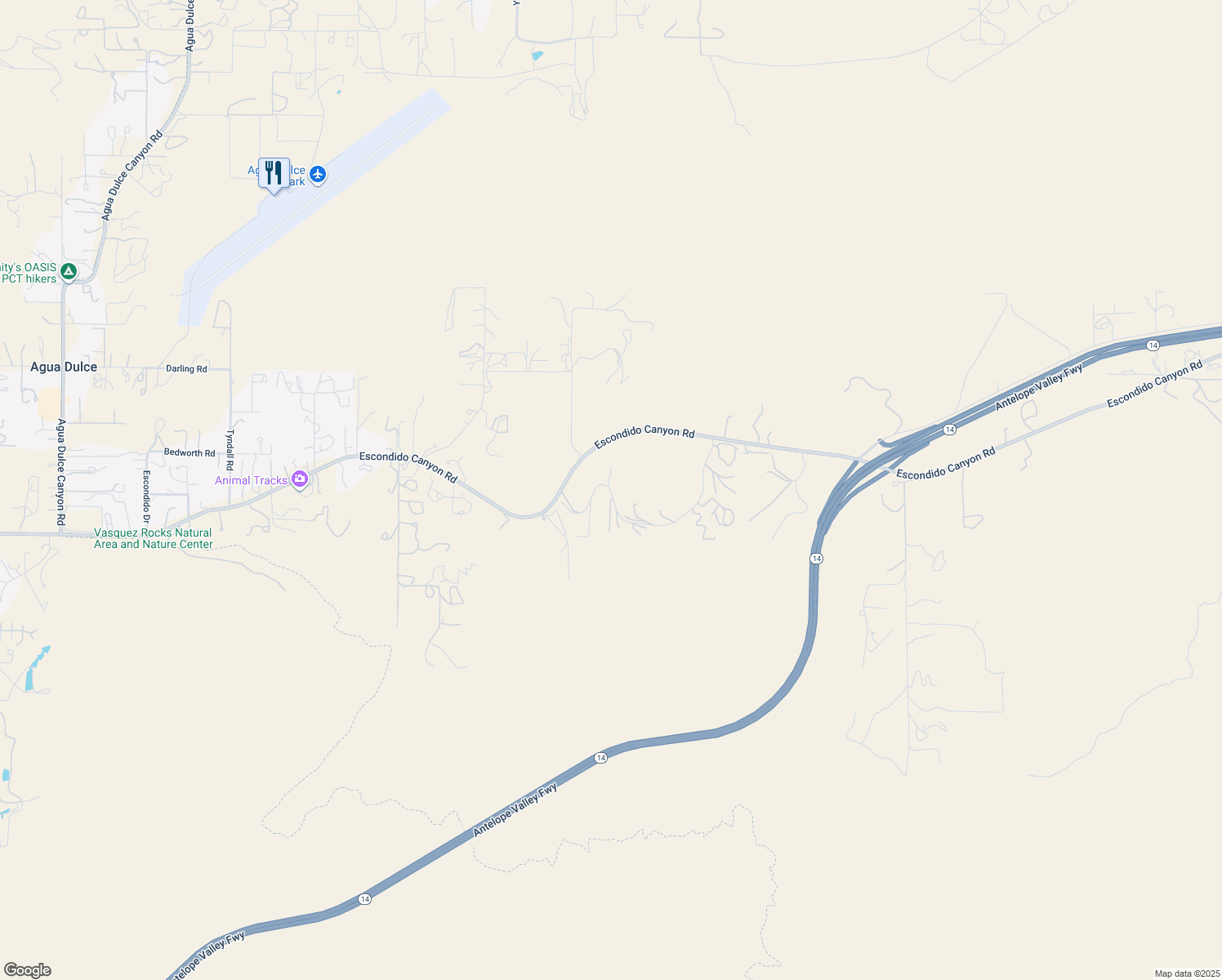 map of restaurants, bars, coffee shops, grocery stores, and more near Old Stage Road in Agua Dulce