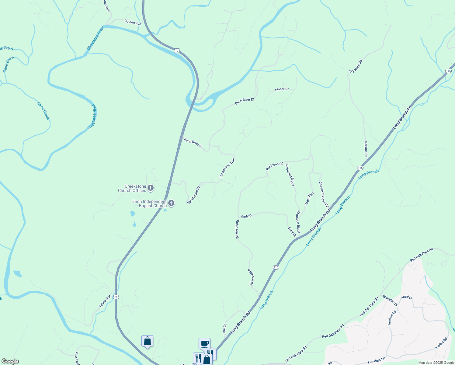 map of restaurants, bars, coffee shops, grocery stores, and more near 51 Cane Mill Lane in Dahlonega
