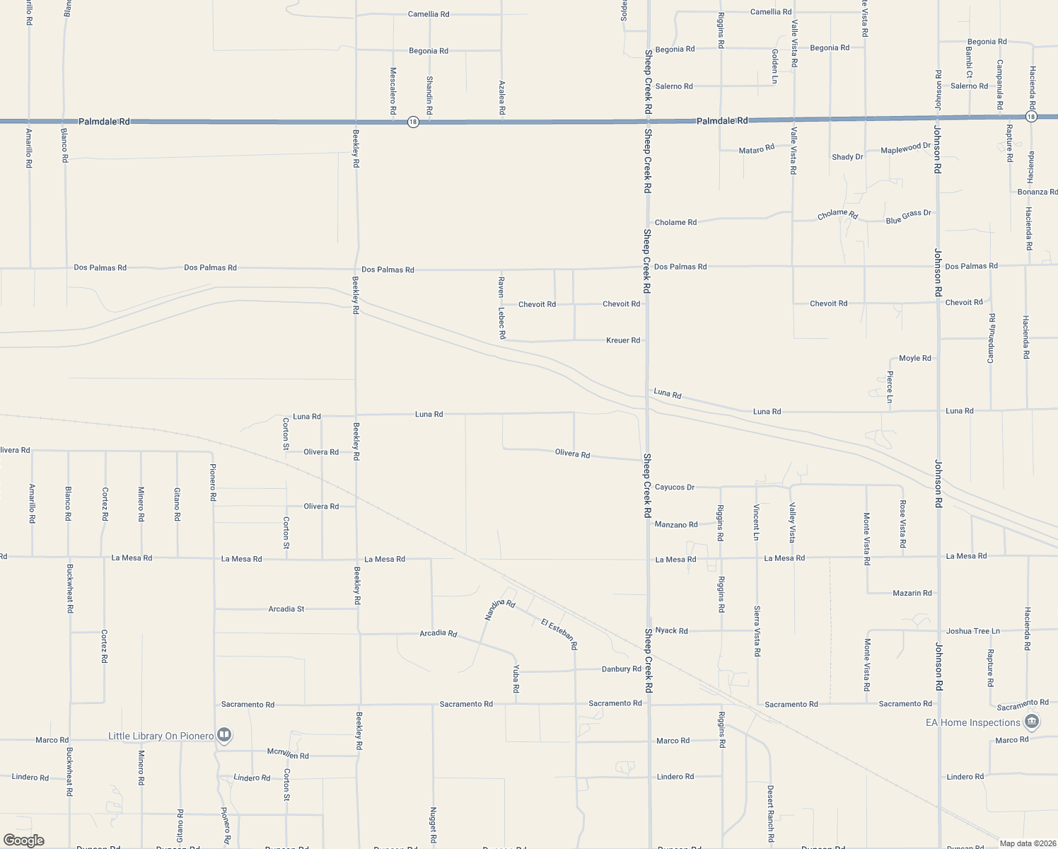 map of restaurants, bars, coffee shops, grocery stores, and more near 3789 Luna Road in Phelan