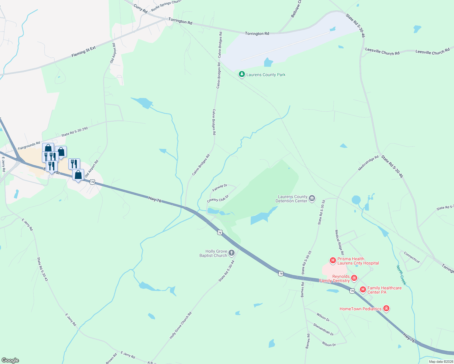 map of restaurants, bars, coffee shops, grocery stores, and more near 203 Fairway Drive in Laurens