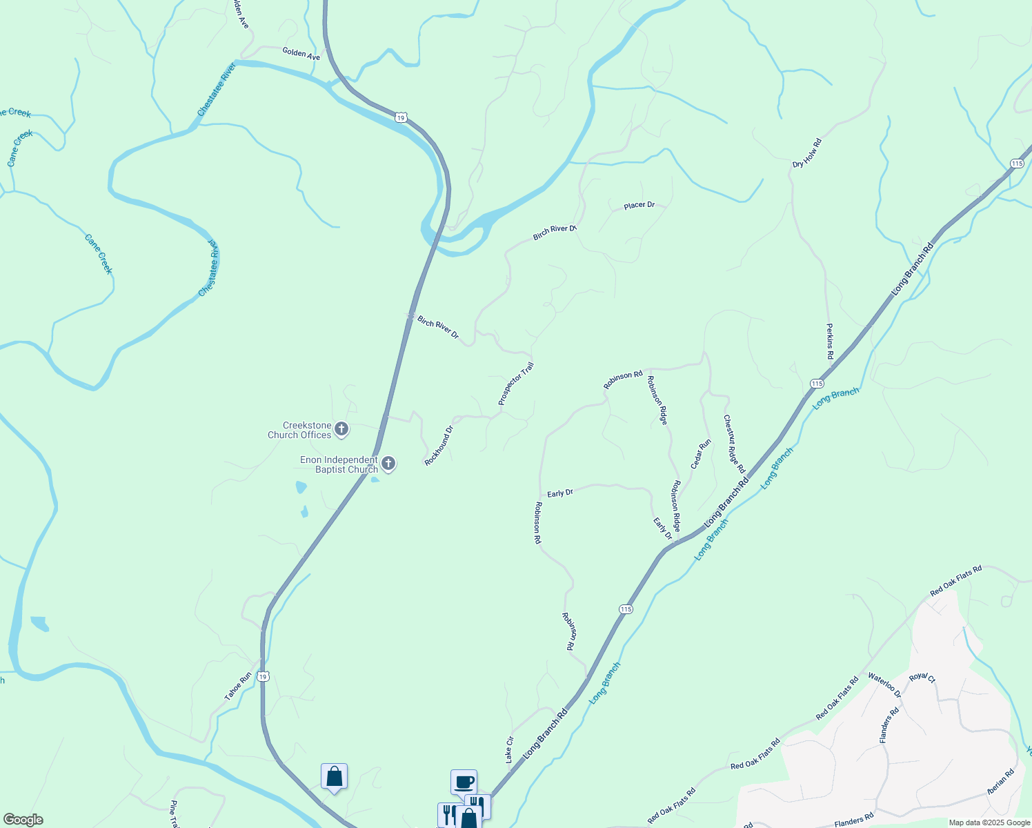 map of restaurants, bars, coffee shops, grocery stores, and more near 51 Cane Mill Lane in Dahlonega
