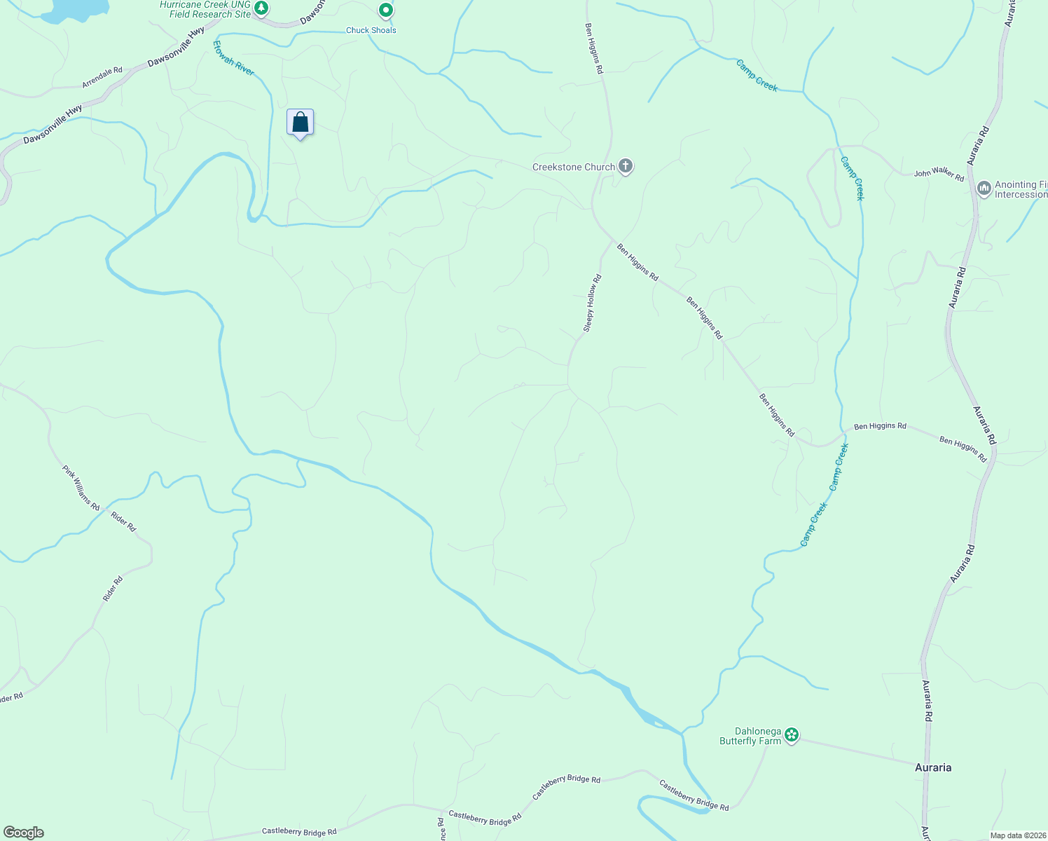 map of restaurants, bars, coffee shops, grocery stores, and more near 216 Cedar Springs Lane in Dahlonega