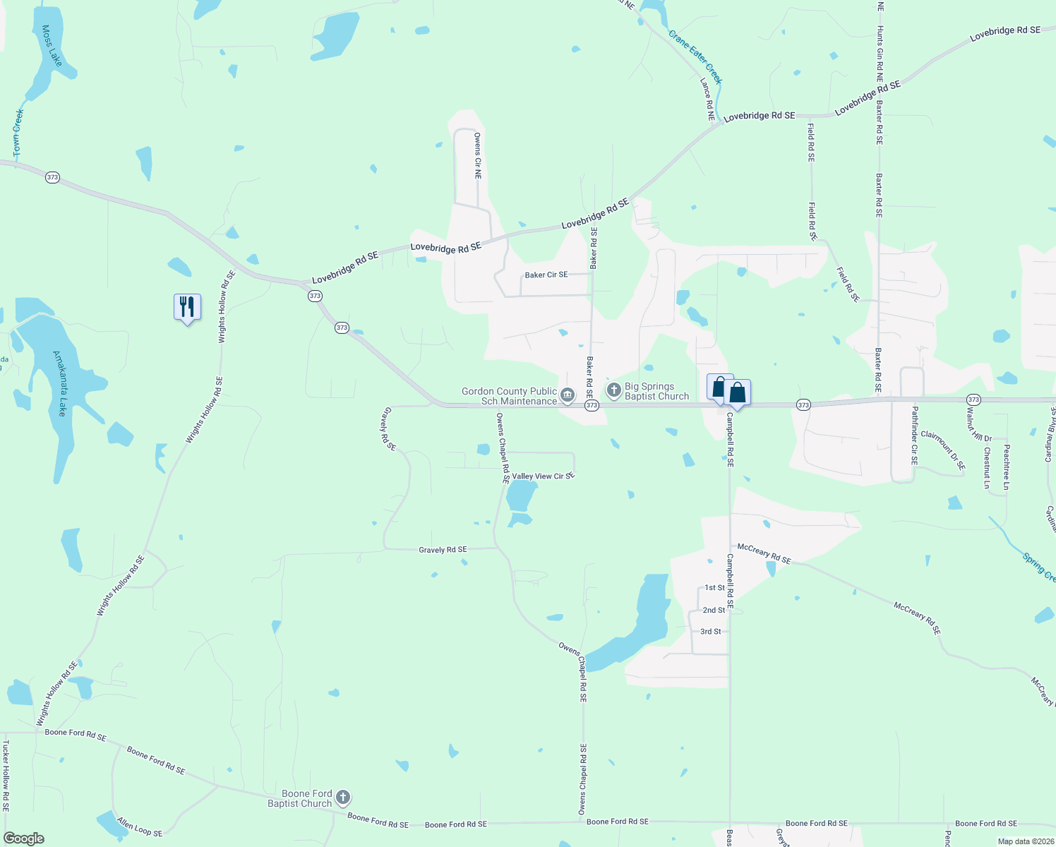 map of restaurants, bars, coffee shops, grocery stores, and more near 3151 Dews Pond Road Southeast in Calhoun