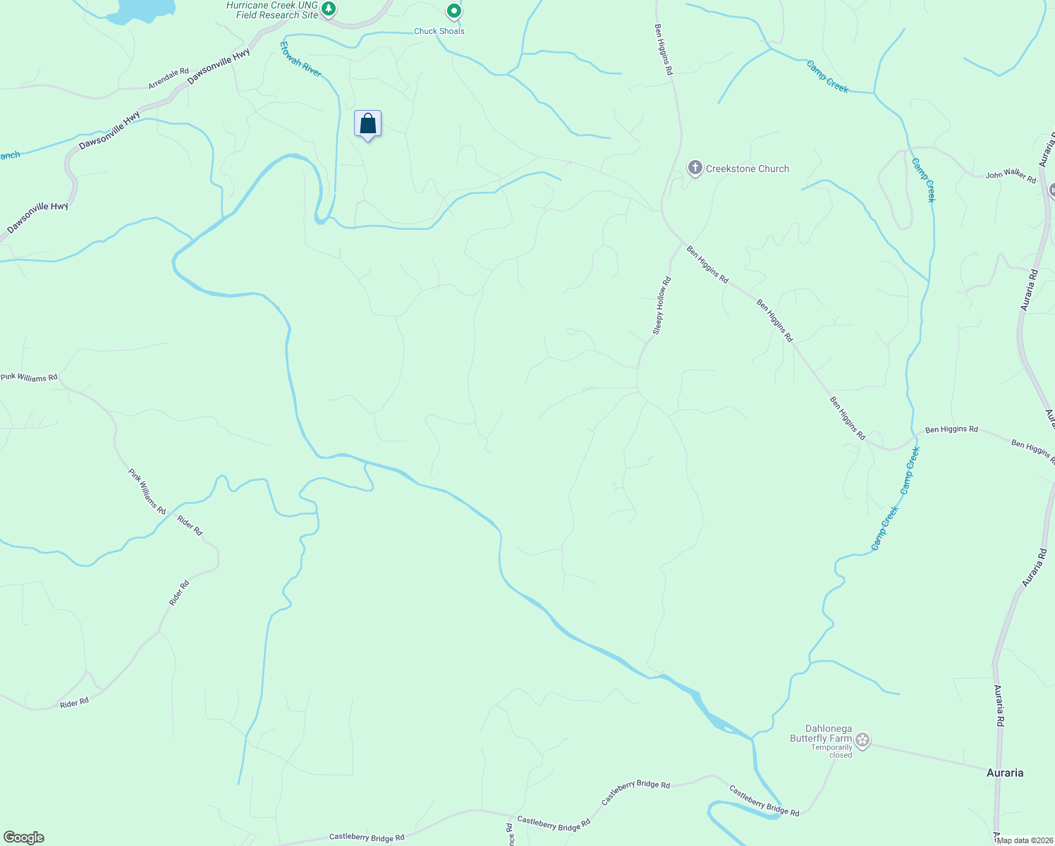 map of restaurants, bars, coffee shops, grocery stores, and more near 382 Cedar Springs Lane in Dahlonega