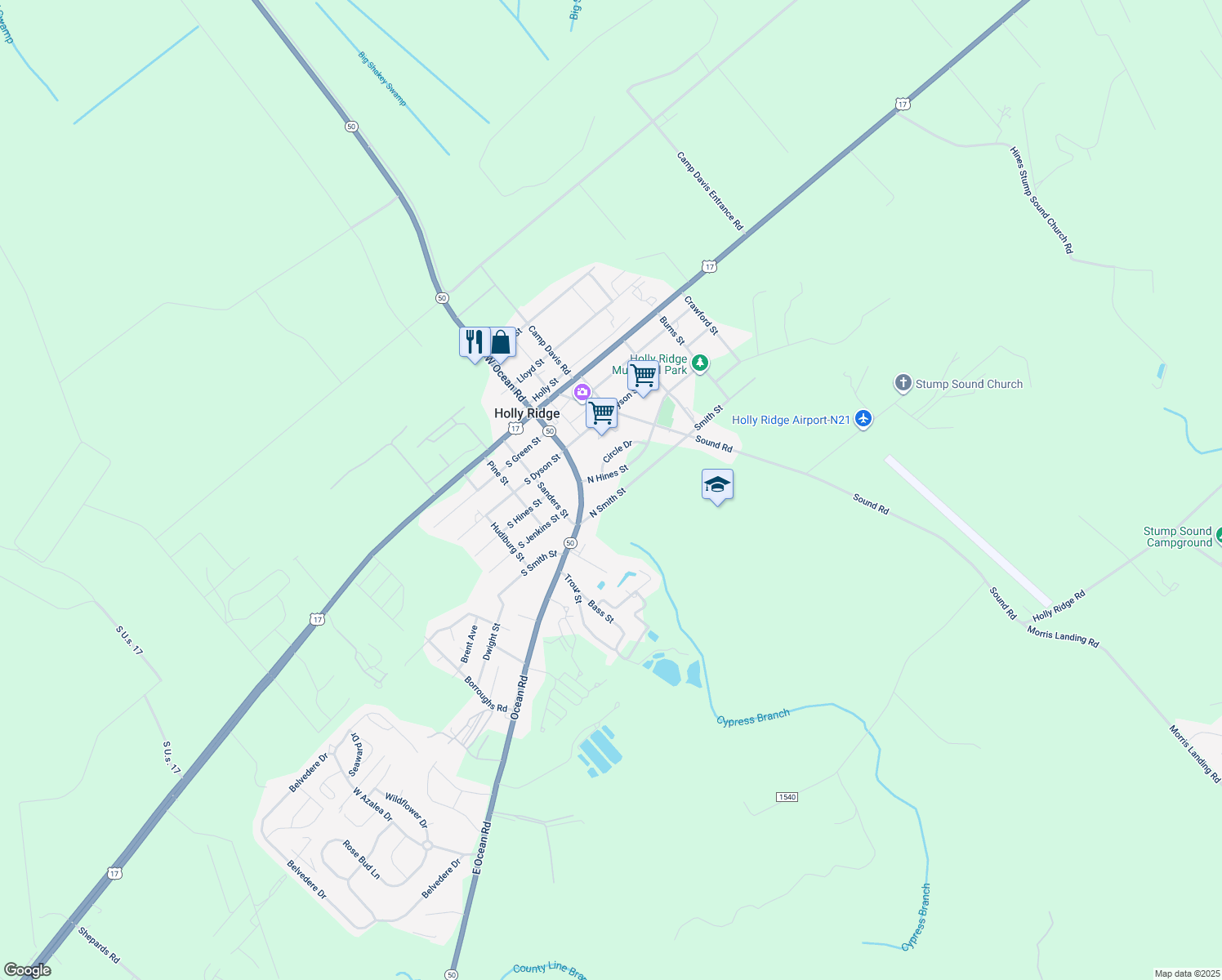 map of restaurants, bars, coffee shops, grocery stores, and more near 131 Smith Street in Holly Ridge