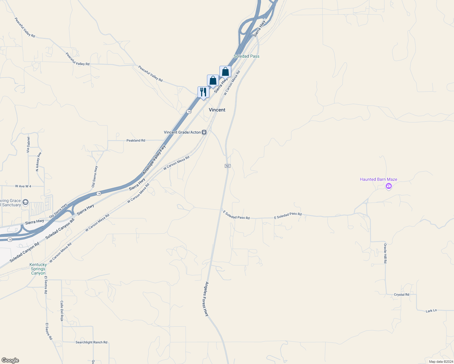 map of restaurants, bars, coffee shops, grocery stores, and more near Angeles Forest Highway in Los Angeles County