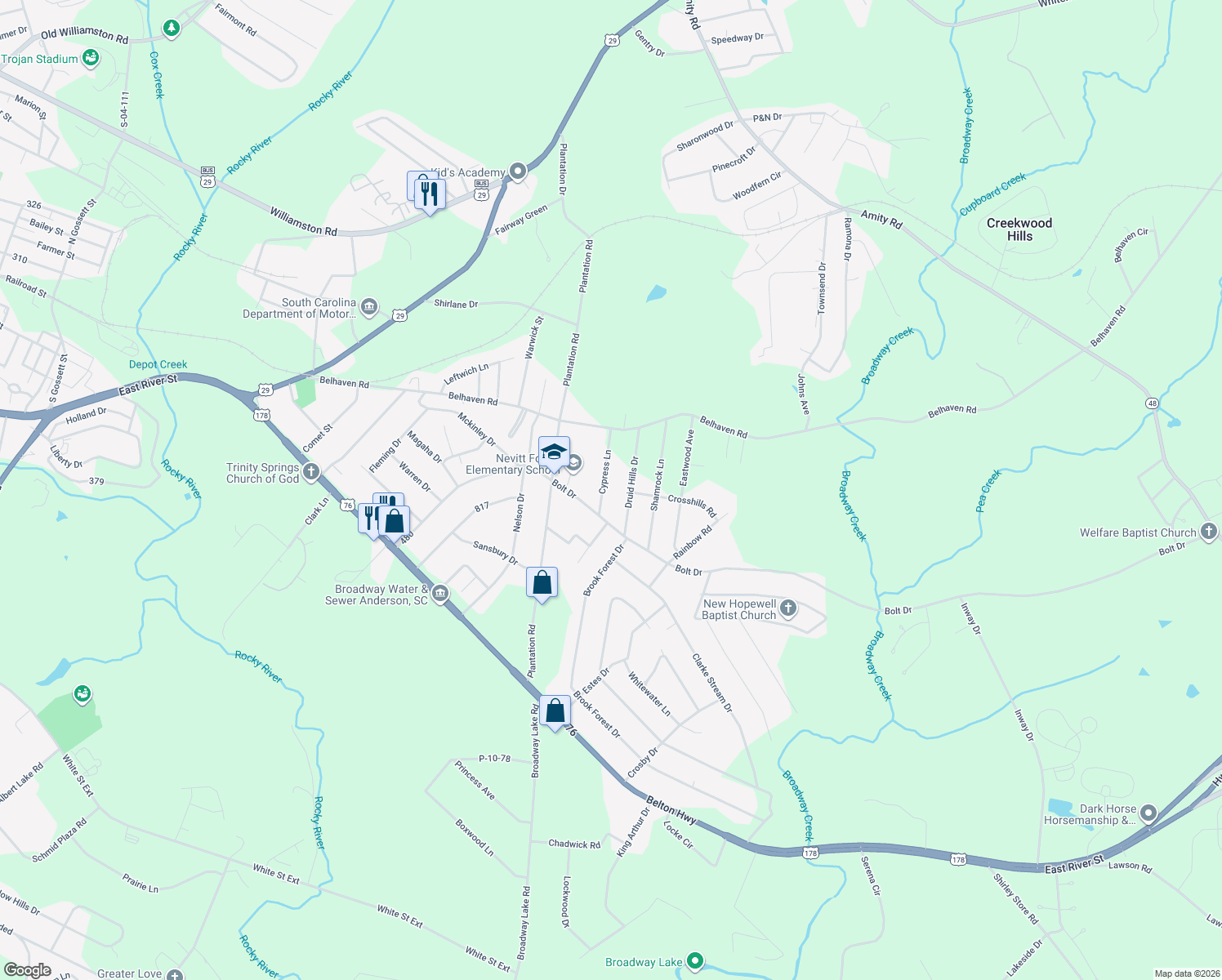 map of restaurants, bars, coffee shops, grocery stores, and more near 717 Cypress Lane in Anderson
