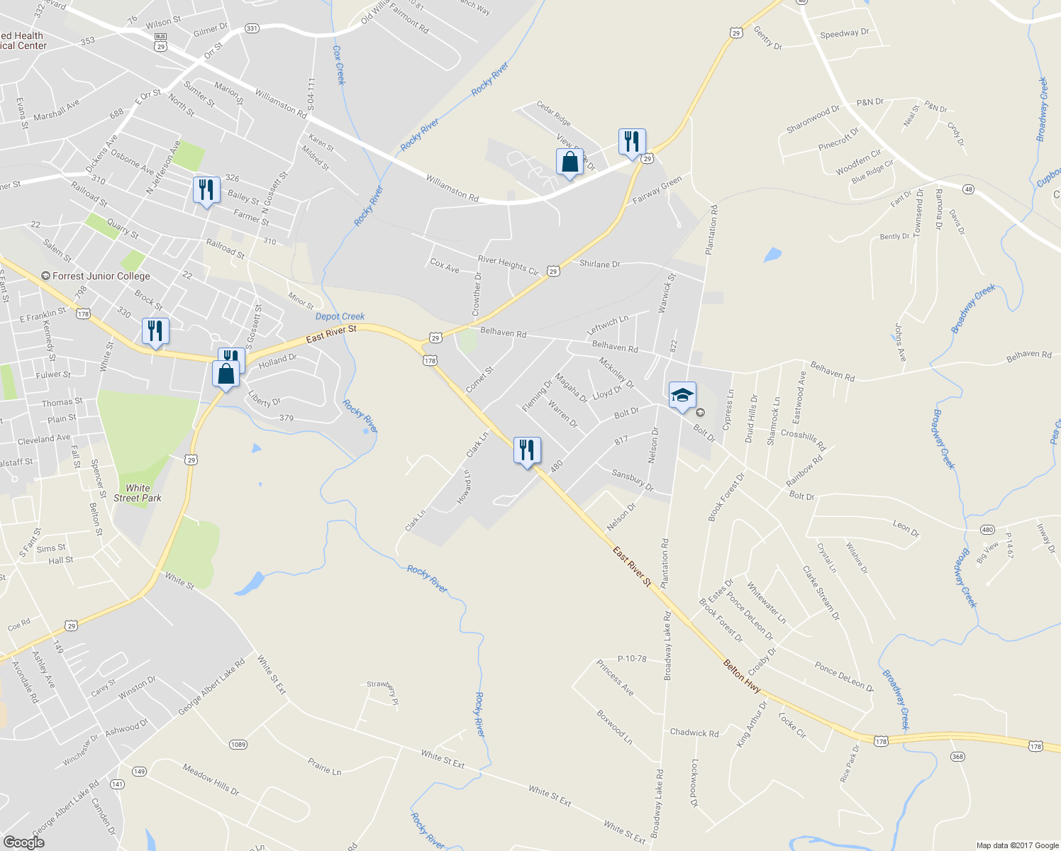 map of restaurants, bars, coffee shops, grocery stores, and more near 2504 Fleming Drive in Anderson