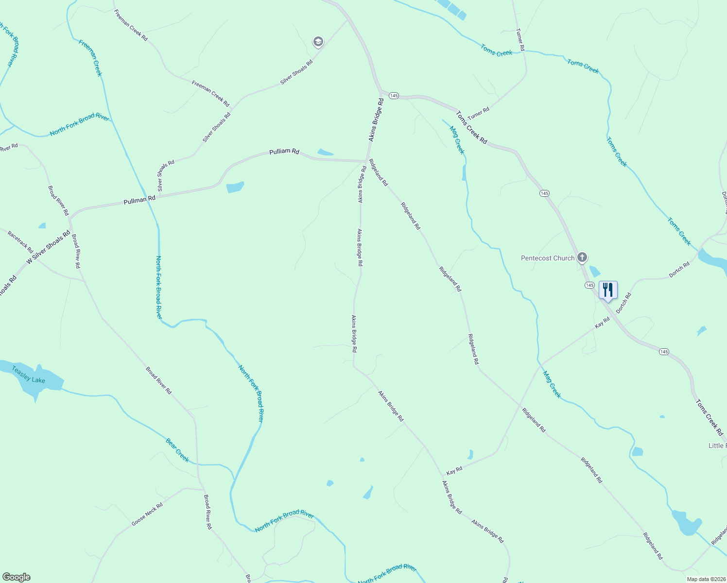 map of restaurants, bars, coffee shops, grocery stores, and more near 207-209 Akins Bridge Road in Eastanollee