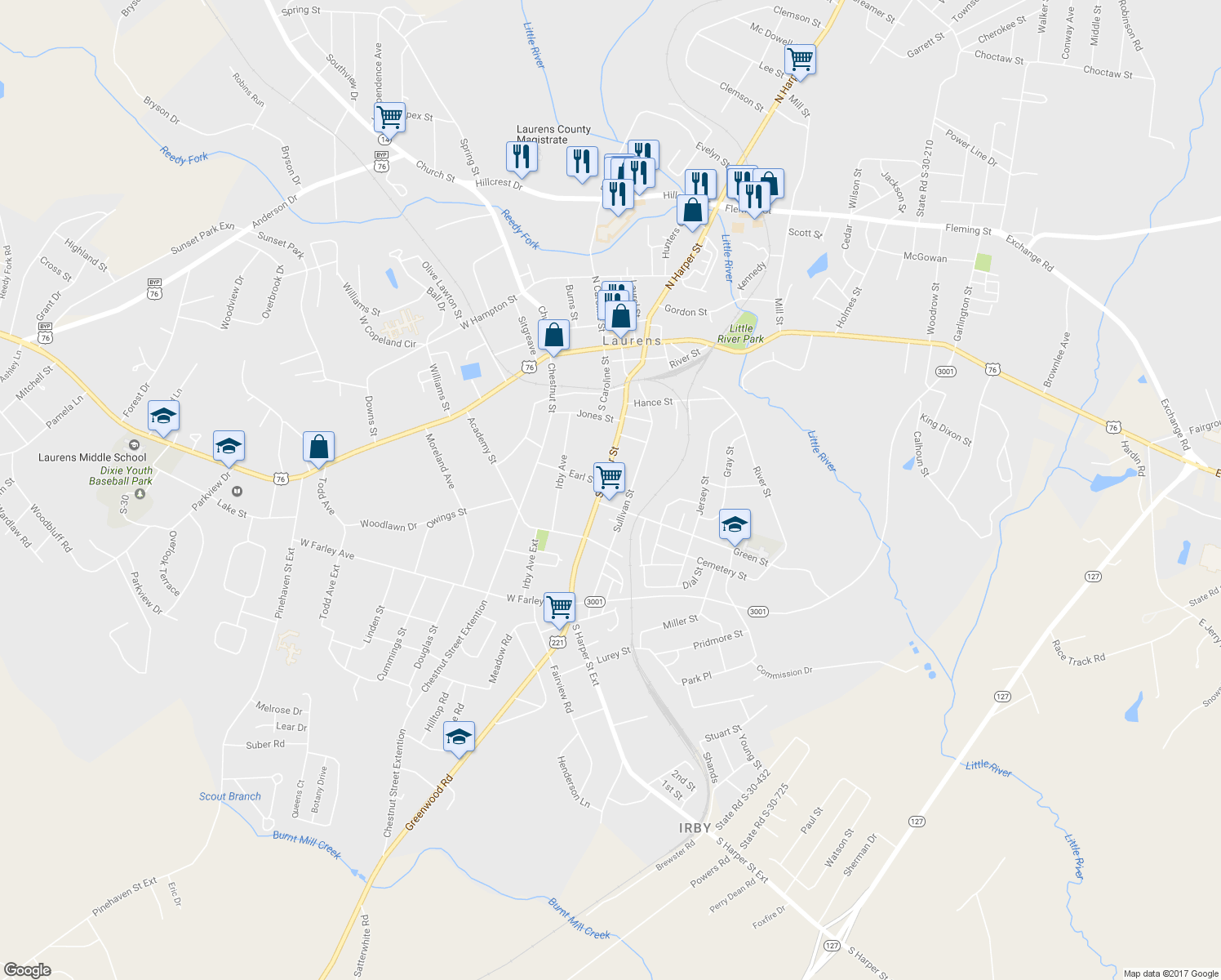 map of restaurants, bars, coffee shops, grocery stores, and more near 703 S Harper St in Laurens