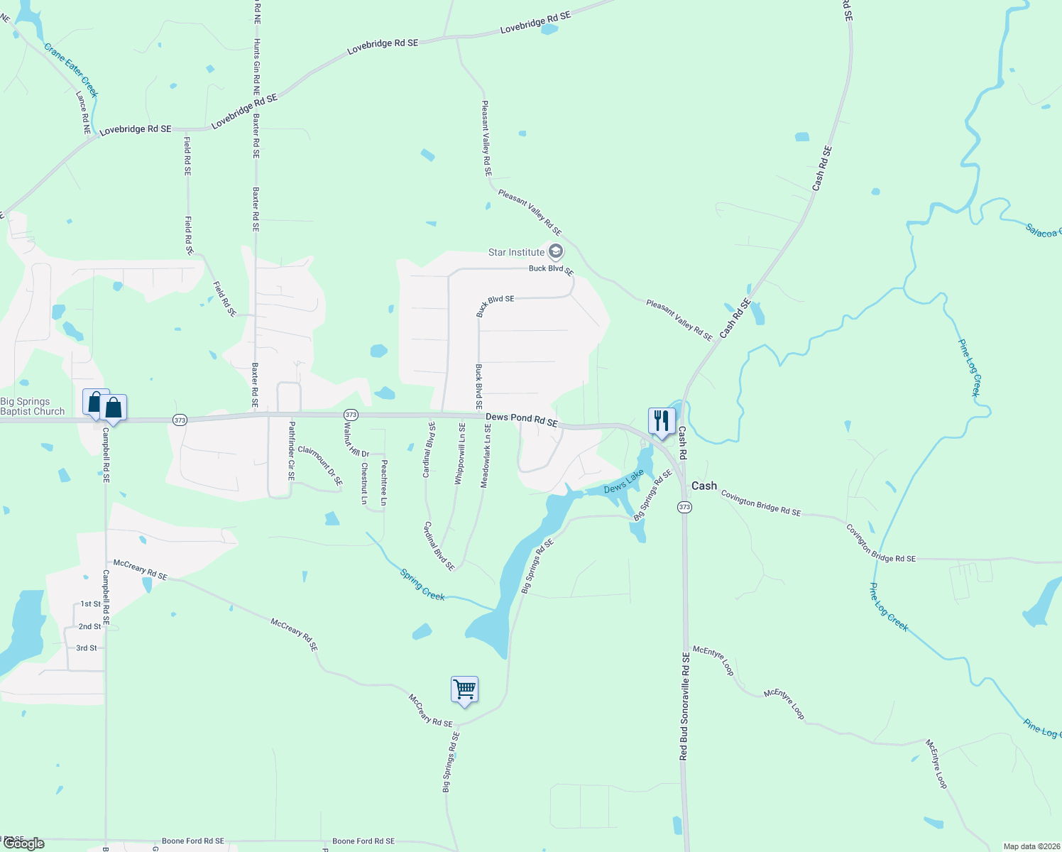 map of restaurants, bars, coffee shops, grocery stores, and more near 4339 Dews Pond Road Southeast in Calhoun