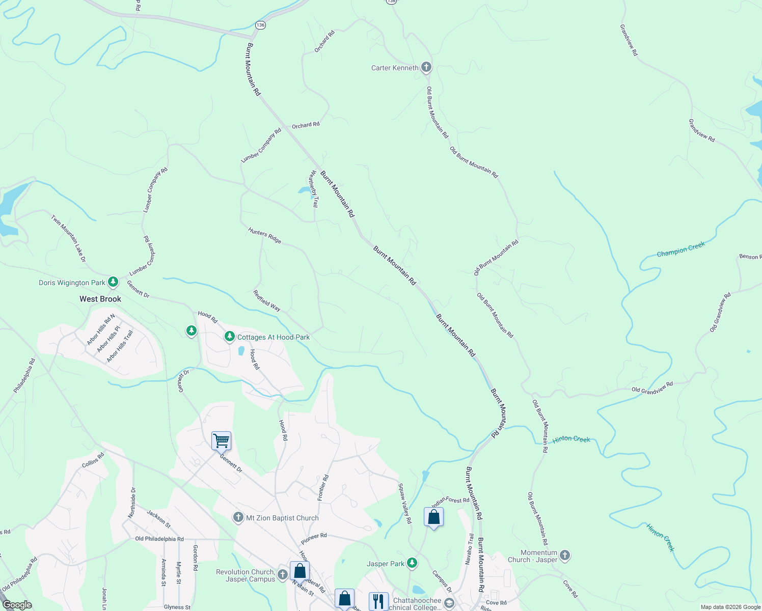 map of restaurants, bars, coffee shops, grocery stores, and more near 1002 Hunters Ridge in Jasper