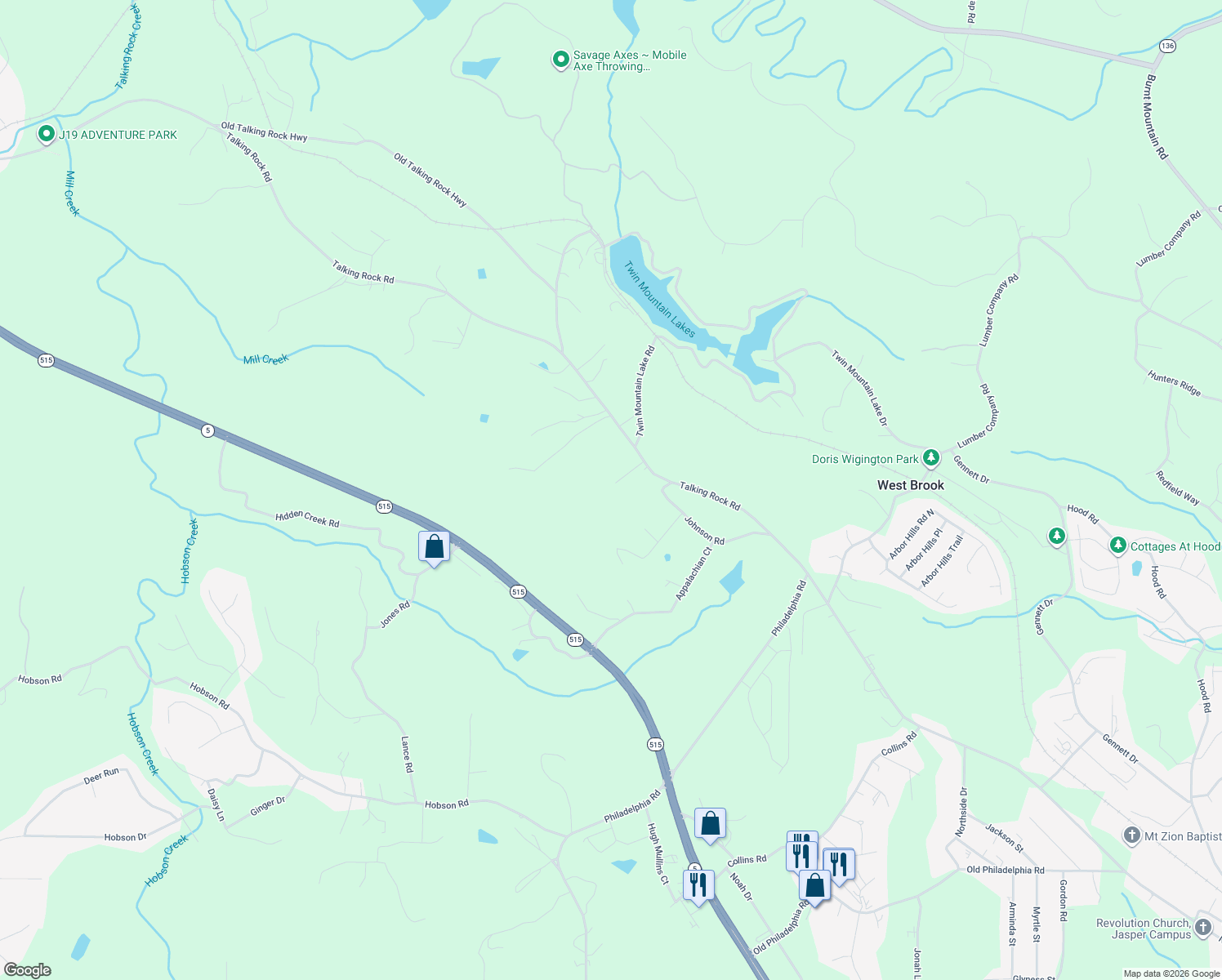 map of restaurants, bars, coffee shops, grocery stores, and more near 39 Shannons Way in Talking Rock