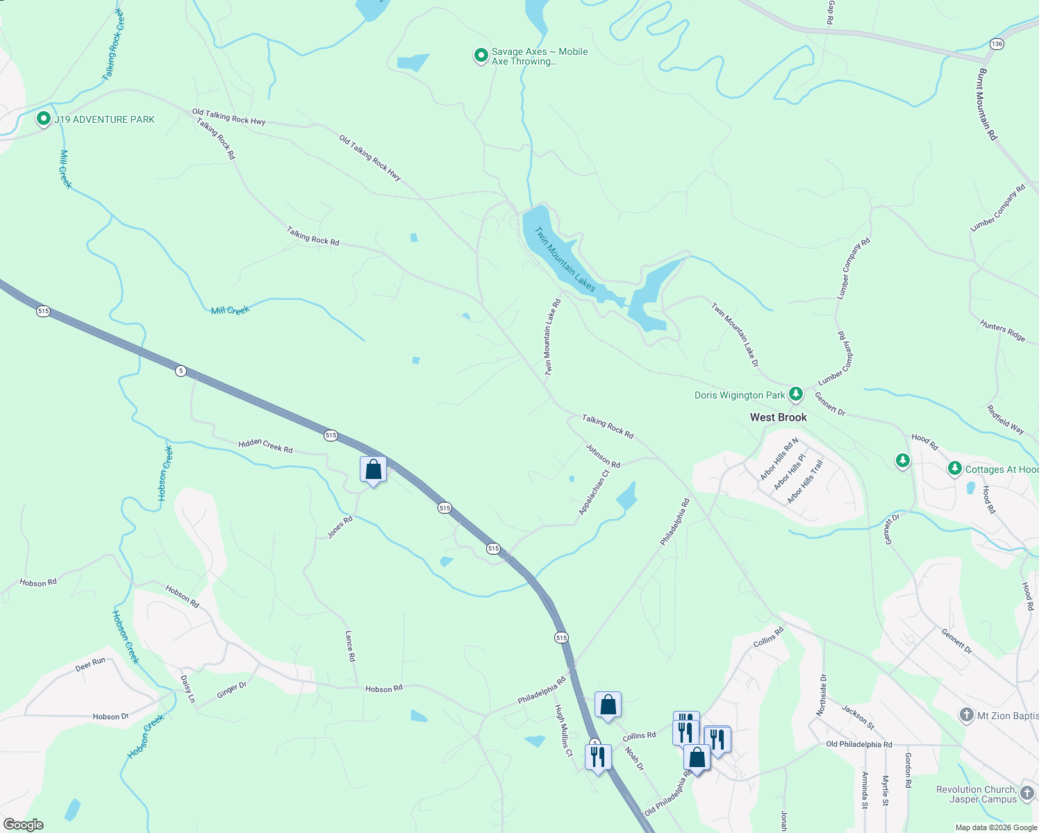 map of restaurants, bars, coffee shops, grocery stores, and more near 39 Shannons Way in Talking Rock