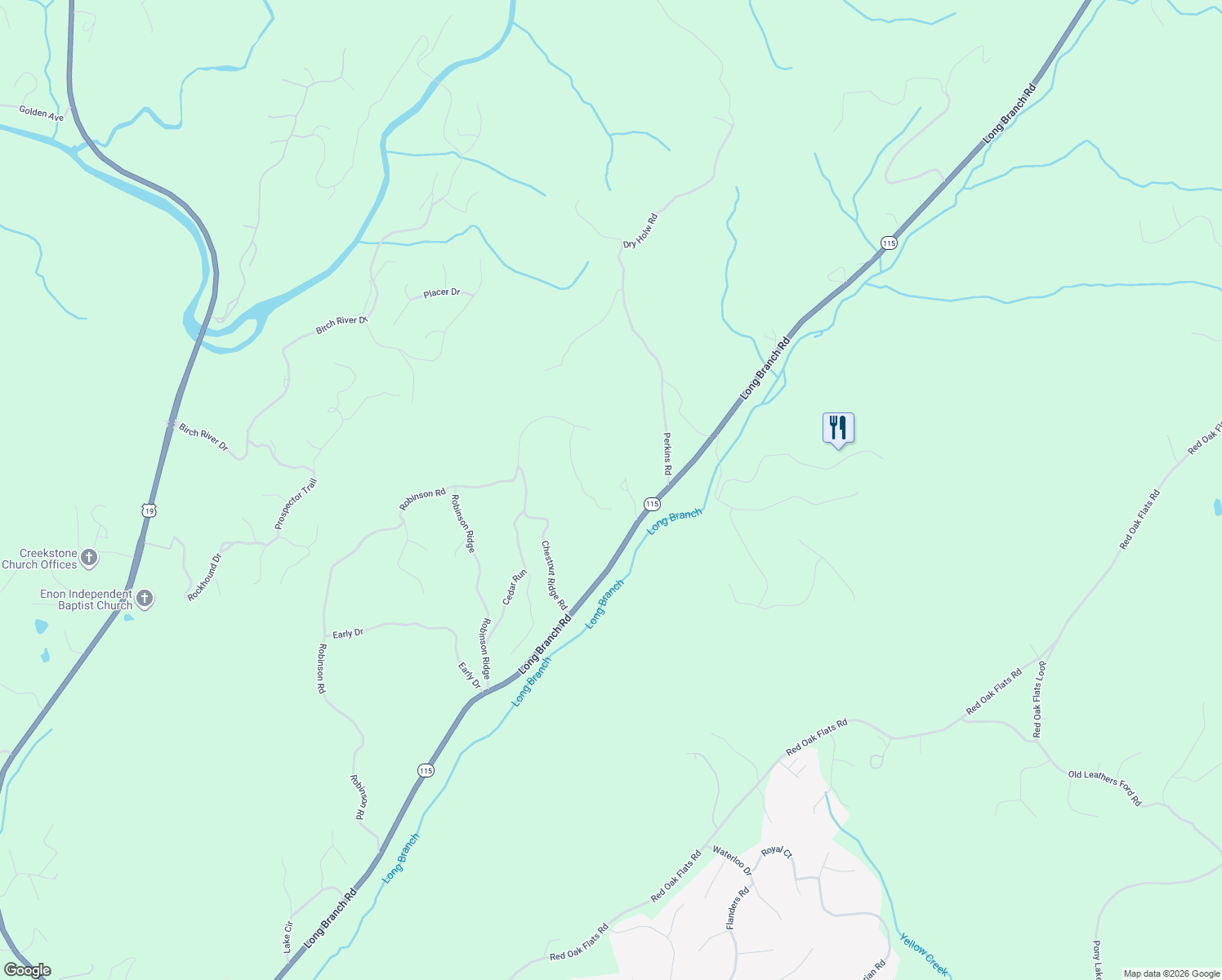 map of restaurants, bars, coffee shops, grocery stores, and more near 2041 Long Branch Road in Dahlonega