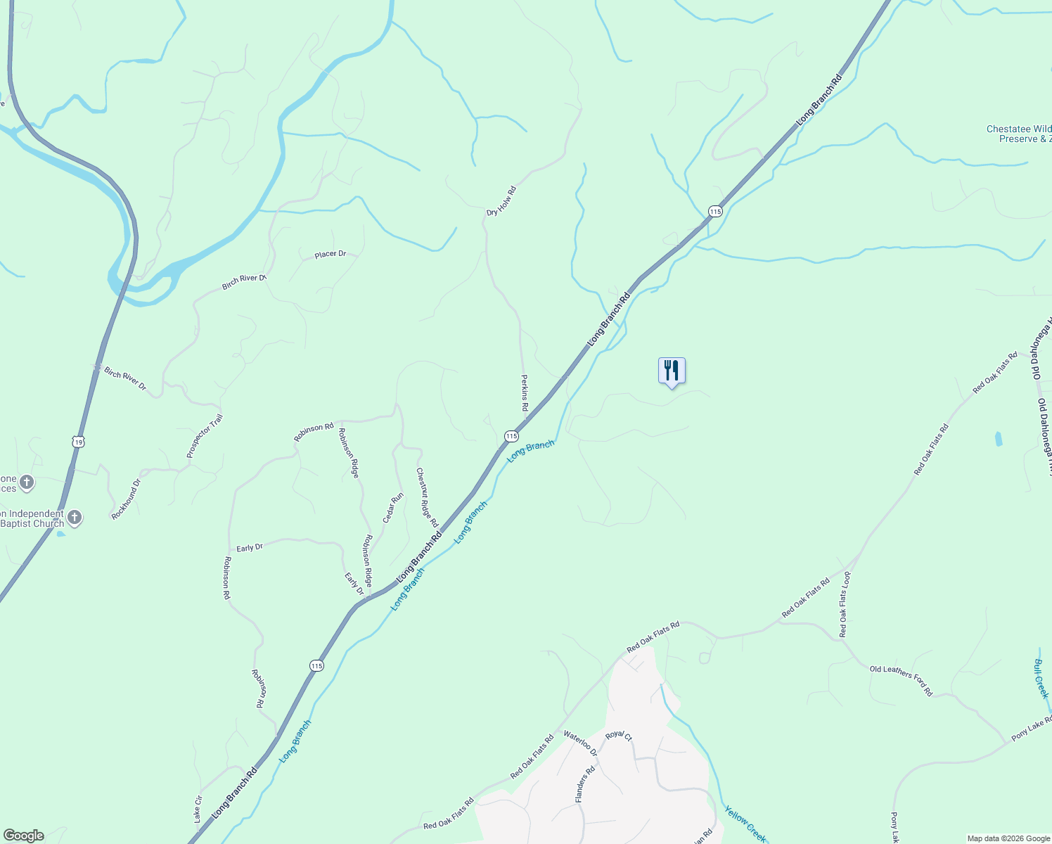 map of restaurants, bars, coffee shops, grocery stores, and more near 1940 Long Branch Road in Dahlonega
