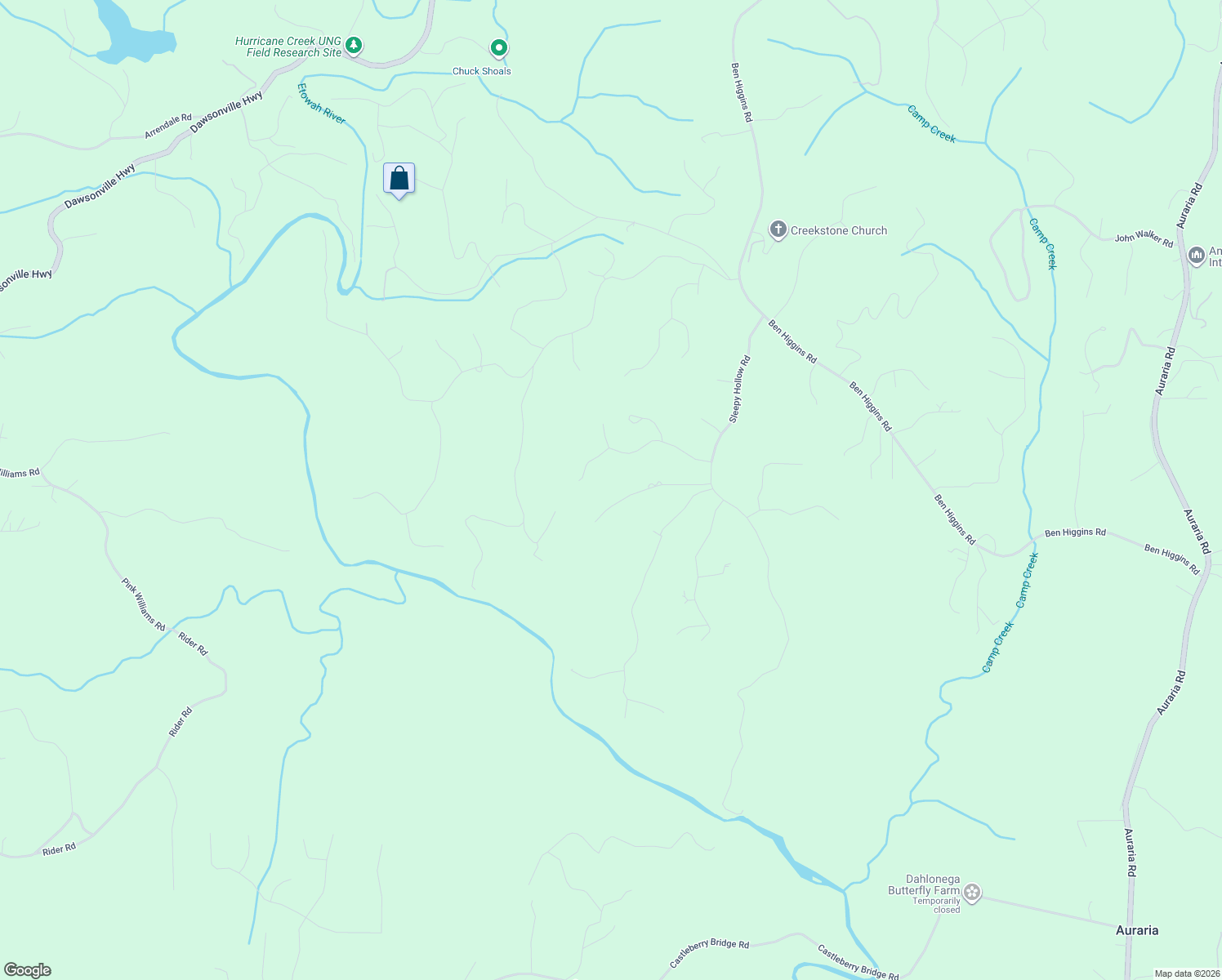 map of restaurants, bars, coffee shops, grocery stores, and more near 294 Cedar Springs Lane in Dahlonega
