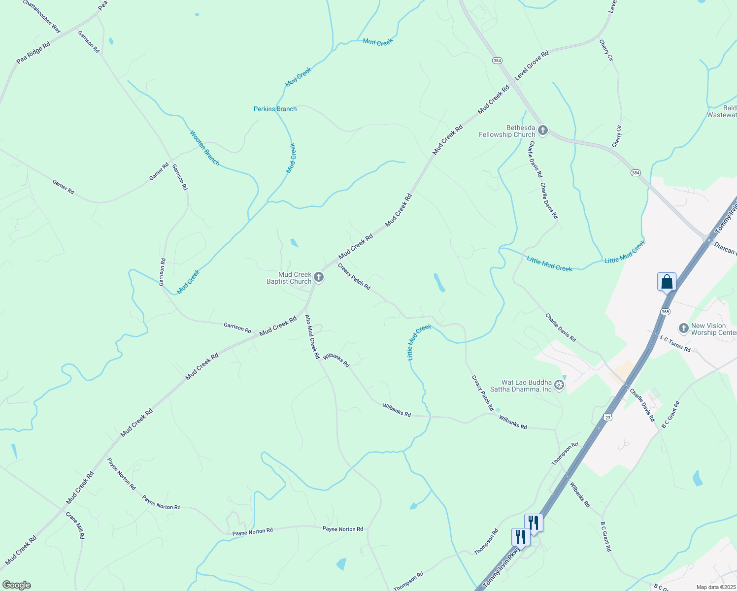 map of restaurants, bars, coffee shops, grocery stores, and more near 1104 Creasy Patch Road in Alto