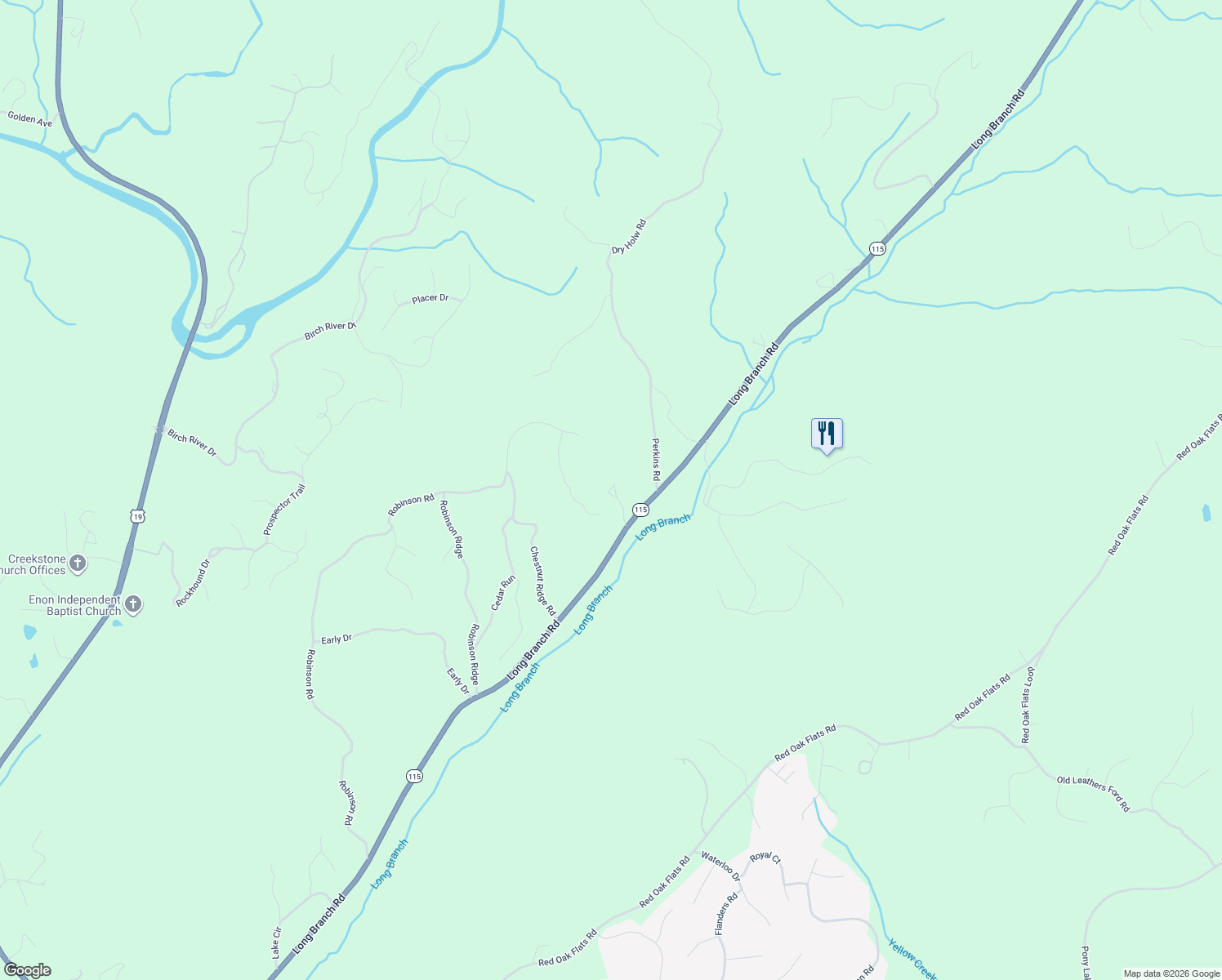 map of restaurants, bars, coffee shops, grocery stores, and more near 2041 Long Branch Road in Dahlonega
