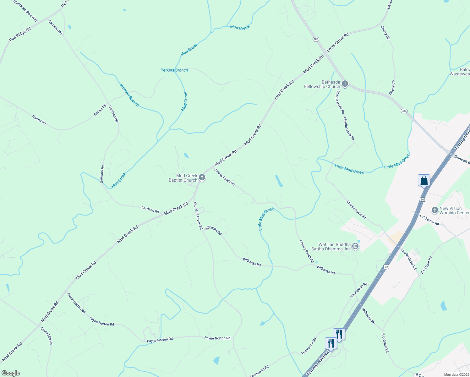 map of restaurants, bars, coffee shops, grocery stores, and more near 1104 Creasy Patch Road in Alto