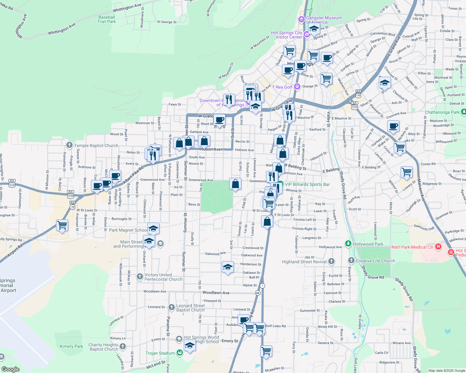 map of restaurants, bars, coffee shops, grocery stores, and more near 854 3rd Street in Hot Springs